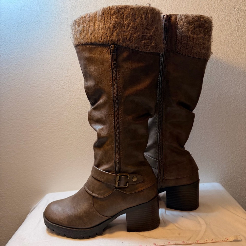Soda Brown Tall Heeled Boots with Knit Cuff